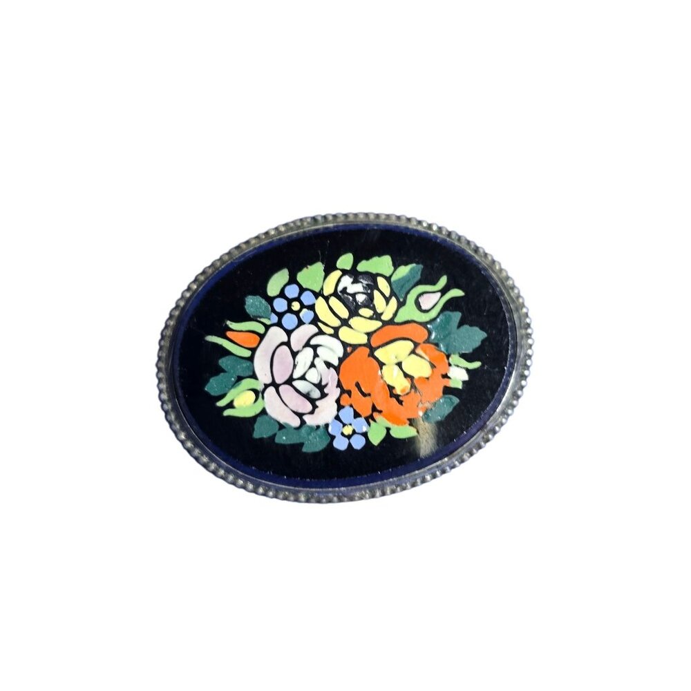 Antique Sterling Floral Painted Glass Brooch (A8654)